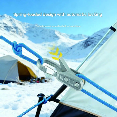 Rope Tightener And Guyline Tensioner 6 Pack For Camping Heavy Duty Retractable Paracord With Alloy Carabiner Clips in snowy campsite
