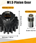 M1.5 16T Pinion Gear With 8mm Bore And 8mm To 5mm Shaft Adapter Sleeve dimensions