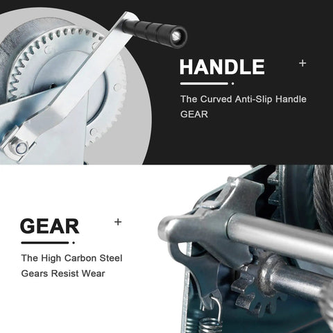 Beefy Heavy Duty Hand Winch 3500 Lbs With 32 Ft Steel Wire Rope Hand Crank Winch For ATVs Boats Trailers Trucks Auto Marine 4 To 1 And 8 To 1 Gear Ratios Durable And Reliable handle and steel gear close-up