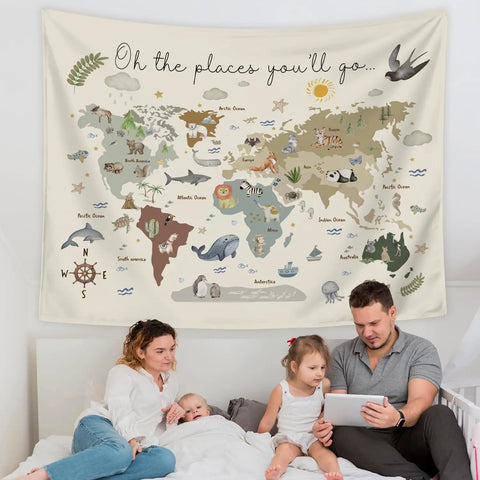 Boho Kids World Map Tapestry Wall Hanging For Classroom And Nursery Educational Geography Decor With Animal Continents 50 By 60 Inches.