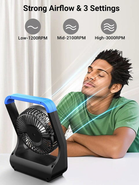 Person enjoying airflow from 5 Inch Battery Powered Desk Fan For Camping And Travel With D Cell Batteries, shown on a table.