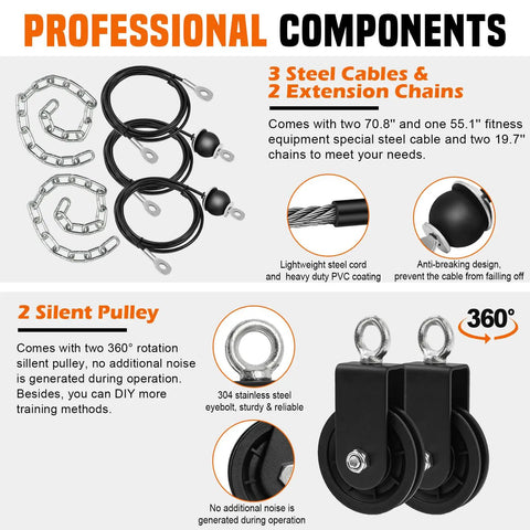 Dual Pulley Weight Cable System For Home Gym Upgrade components including steel cables, extension chains, and pulleys.