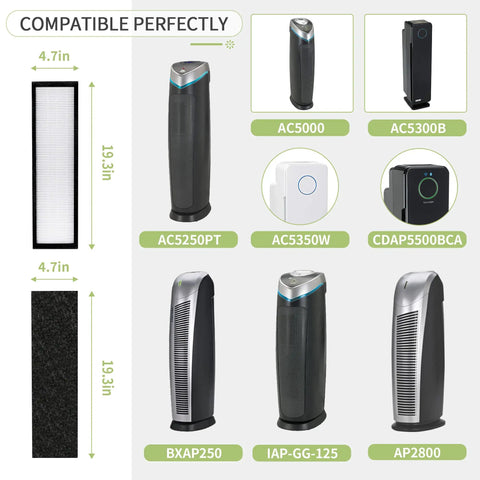 Image showing compatible air purifiers for FLT5250PT Replacement Filter For GermGuardian Pet HEPA Air Purifier and filter dimensions.