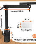Dimensions of Heavy Duty Aluminum RV Table Leg Equipped With 360 Swivel And Adjustable Height Plus Space Saving Bracket