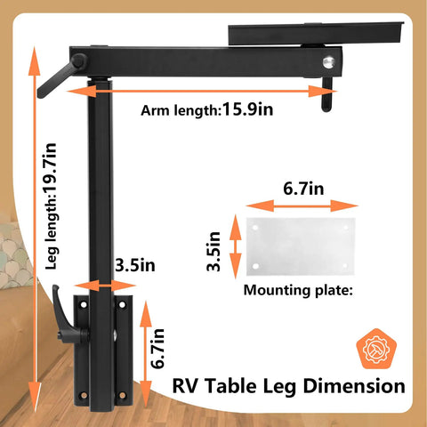 Dimensions of Heavy Duty Aluminum RV Table Leg Equipped With 360 Swivel And Adjustable Height Plus Space Saving Bracket