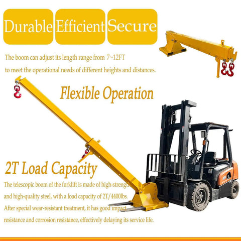 Pro Grade Forklift Telescopic Boom Jib Crane Hoist 4400 Lb Capacity with adjustable 7-12 ft boom and yellow steel construction.