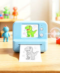Rock This Slick AI Voice Mini Thermal Printer With Bright Display And Awesome Creative App For Kids Speech To Line Art Drawing Anime Sketch And Hype Storytelling Portable Prints, blue printer with dinosaur printout.