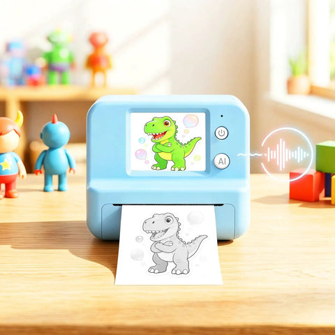 Rock This Slick AI Voice Mini Thermal Printer With Bright Display And Awesome Creative App For Kids Speech To Line Art Drawing Anime Sketch And Hype Storytelling Portable Prints, blue printer with dinosaur printout.