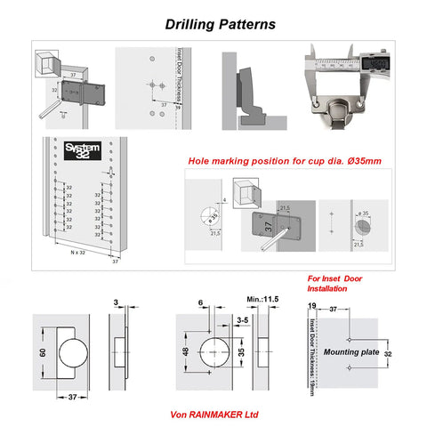 Drilling patterns for Super Quiet Soft Close Concealed Cabinet Hinges For Kitchen Units, showing hole positions for 35mm installation.