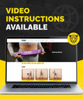 Laptop displaying video instructions for thick fabric resistance bands for legs and glutes five exercise bands set.