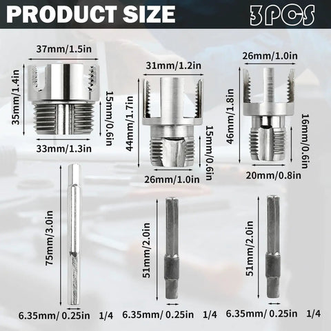 Kick Some Grass With This Killer 3 Piece Pvc Pipe Threader Set Designed For 1/2 And 3/4 And 1 Inch Plastic Pipes Electric Drill Ready 3 piece sizes show detailed measurements.