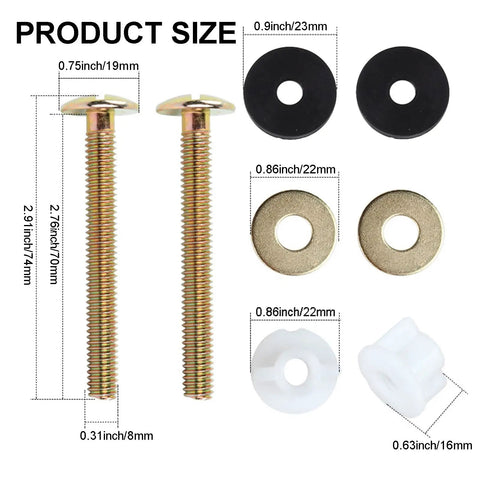 Universal Toilet Seat Screws Replacement Kit With Heavy Duty Fasteners Plastic Nuts Metal Washers And Rubber Washers Top Mount