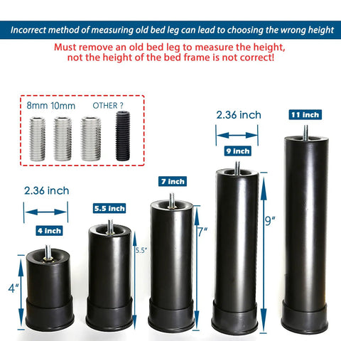 Beefy Heavy Duty Adjustable Bed Frame Legs Set Of Four Extra Height Metal Replacement Supports with varying heights and threading options.