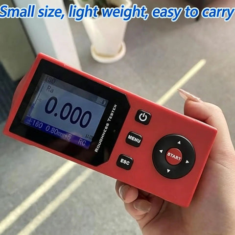 Handheld Surface Roughness Tester For Metal Machining And Quality Control, Pro Grade 0.001 Micron Resolution, 5 Micron Diamond Inductive Probe, 14 Measurement Parameters, Fast Data Processing Profilometer For Precision QC, red handheld unit in hand