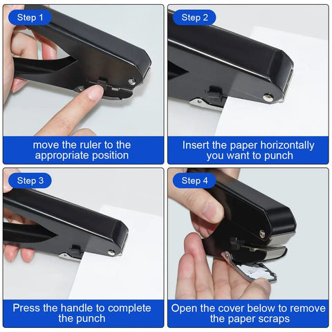 Step-by-step instructions for using an All Metal Hole Punch For DIY Crafts And Paper, Upgraded Durable Puncher with Smooth Lever, Elliptical Hole 0.6 by 0.16 Inch for precise holes.