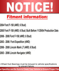 Notice of fitment information for Front Wheel Bearing And Hub Assembly Six Lug 4WD With ABS Replacement Fits Ford F 150 2004 2005 Lincoln Navigator Mark LT
