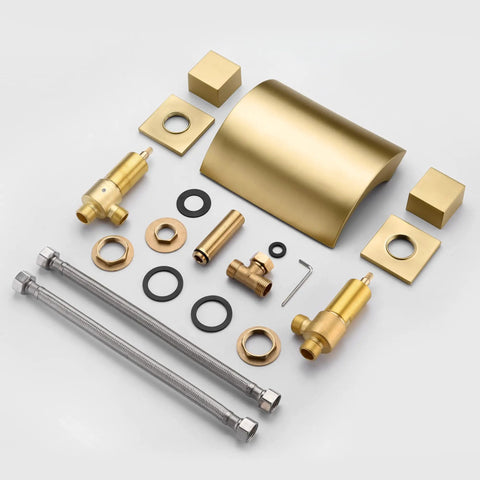 Brushed gold components of Waterfall Tub Faucet With 3 Hole Deck Mount Brushed Gold Finish For Roman Tubs High Flow 14.19 GPM.