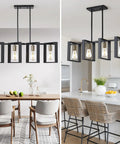 Four Light Wood Chandelier With Black Wood Frame And Gold E26 Socket Industrial Rectangle Linear Pendant Light Over Dining Table