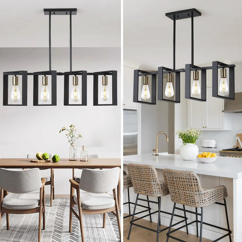 Four Light Wood Chandelier With Black Wood Frame And Gold E26 Socket Industrial Rectangle Linear Pendant Light Over Dining Table