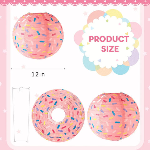 Pink sprinkle design on donut lantern from Six Pack Donut Party Hanging Paper Lanterns With Sprinkle Cupcake Designs For Birthday Party
