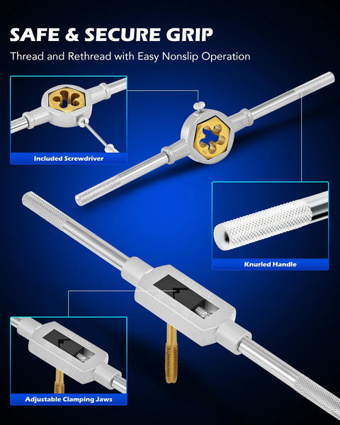 Tap and die set with knurled handle, adjustable jaws, and included screwdriver against a blue background