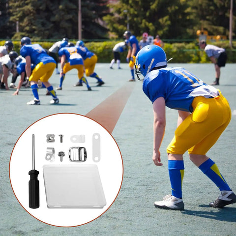 Football players on field with Complete Helmet Repair Kit 80 Piece Set With Box And Screwdriver Items in foreground circle