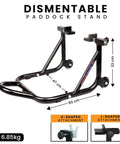 Beefed Up Heavy Duty Paddock Motorcycle Stand For Rear Wheel Lift With Fork And Swingarm Spool, black dismantlable design.