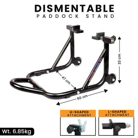 Beefed Up Heavy Duty Paddock Motorcycle Stand For Rear Wheel Lift With Fork And Swingarm Spool, black dismantlable design.