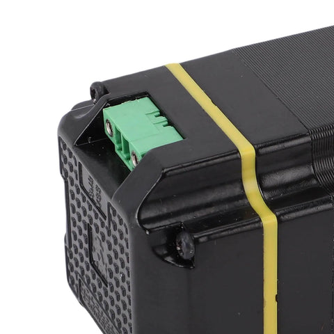 Close-up of a high performance stepper motor with encoder for CNC control and closed loop servo motion controller, showing durable ABS and aluminum construction with a two-terminal connection for wire stripping machines. Delivers smooth 1.2Nm torque.