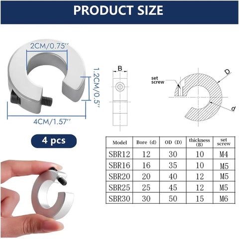 Four Pack Linear Rail Stop Collars For 20mm Shafts 20mm Bore 40mm OD 12mm Thick Aluminum With M5 Screws CNC Motion Guide System And Precision Stop Rings For Milling And CNC Machinery Built Heavy Duty And Reliable. SBR20 size chart and collar view