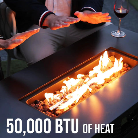 Propane Fire Pit Table 43 Inch Rectangle Outdoor Gas Fire Pit For Patio Balcony And Backyard in use with visible flames and lava rock.