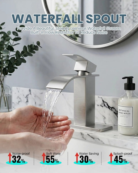Waterfall Style Brushed Nickel One Hole Bathroom Sink Faucet With Pop Up Drain And Supply Lines, showing laminar flow.