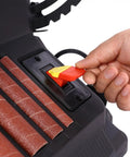 Switch activation on Heavy Duty Two In One Oscillating Spindle And Belt Sander With Tilting Table for woodworking.