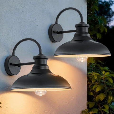 Gooseneck Solar Barn Light 12 Inch Black Outdoor Wall Mount Set, Dusk To Dawn Waterproof Porch Garage Patio Lighting