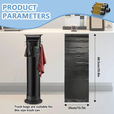 Heavy Duty Knock Box Trash Bags for Commercial Coffee Stations shown with size dimensions and floor stand compatibility.