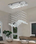 Modern Wave Rectangular Crystal Raindrop Chandelier With Chrome Finish Flush Mount Pendant Lighting For Dining Room