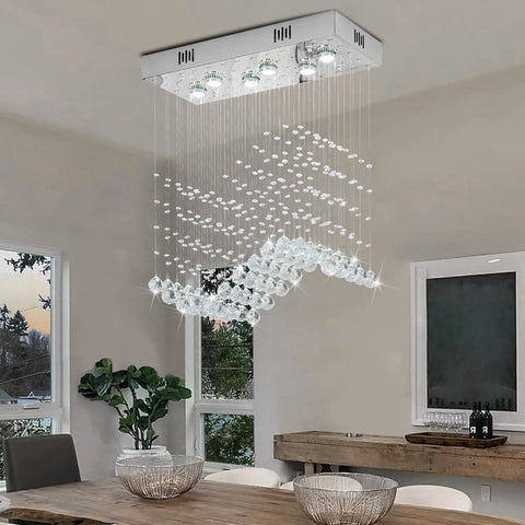 Modern Wave Rectangular Crystal Raindrop Chandelier With Chrome Finish Flush Mount Pendant Lighting For Dining Room