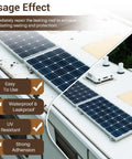 Top view of RV roof with solar panels and White RV Roof Sealant 1 Gallon Waterproof Flexible Coating For Campers Travel Trailers Motorhomes And RVs Solar Reflective Roof Sealant For Leak Repair And Maintenance Tough As Nails Long Lasting Weatherproof Protection applied.