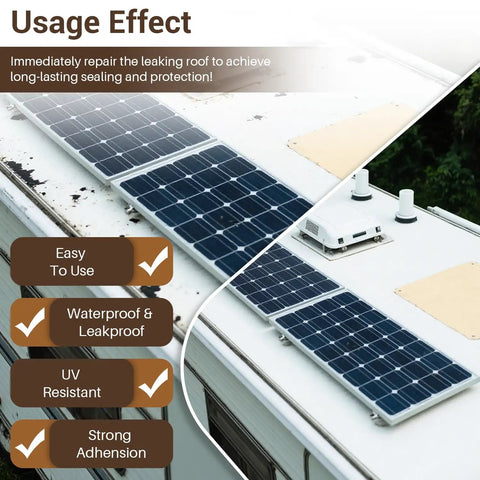 Top view of RV roof with solar panels and White RV Roof Sealant 1 Gallon Waterproof Flexible Coating For Campers Travel Trailers Motorhomes And RVs Solar Reflective Roof Sealant For Leak Repair And Maintenance Tough As Nails Long Lasting Weatherproof Protection applied.