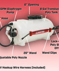 Image of 8 Gallon Chemical Resistant Tank Sprayer For ATV And UTV With 12V Diaphragm Pump, 15 Foot Hose, labeled features