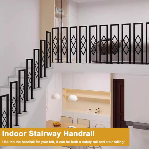 Level Up Your Staircase Setup With This Solid Black Wrought Iron U Shaped Handrail Offering A Clean Diamond Pattern Built Tough For Patio Deck Safety With A Dependable Non Slip Grip And No Sweat Install, featuring modern design in indoor stairway.