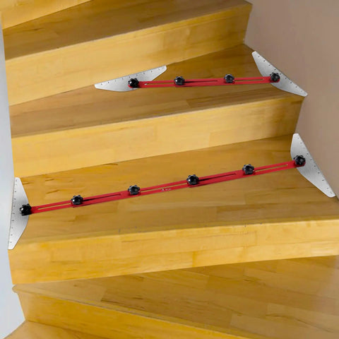 Fo Sho Spot On Stair Tread Template Tool Heavy Duty Aluminum Step Layout Jig For Risers And Treads Quick Measure Mark And Scribe Guide on wooden stairs.