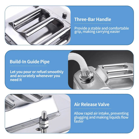 Three-bar handle and flexible hose of Ten Point Five Gallon Stainless Steel Water Jug For Camping And Overlanding With Point Eight Millimeter Wall Thickness Rugged Portable Water Container Includes Flexible Hose Gloves And Sealing Rings Emergency Ready.