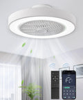 20 Inch Low Profile Bladeless Ceiling Fan With Dimmable LED Light And Adjustable Brightness in a white finish, mounted with remote.