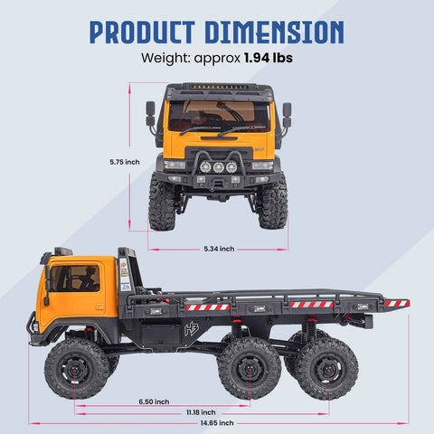 Six Wheel 6x6 RC Rock Crawler V1.5 1/18 Scale dimensions front and side view with weight 1.94 lbs shown