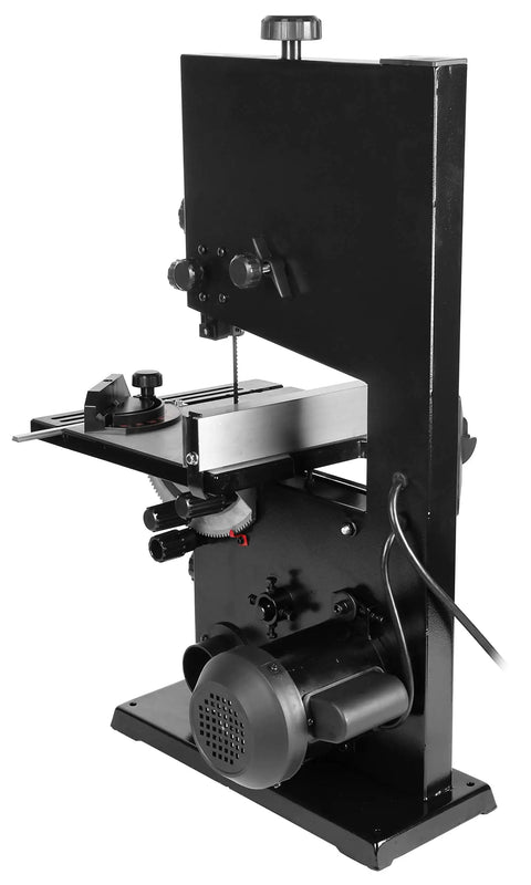 Side view of Beast 9-Inch Benchtop Band Saw with 2.8 Amp Motor, large table, and blade-fitting features.