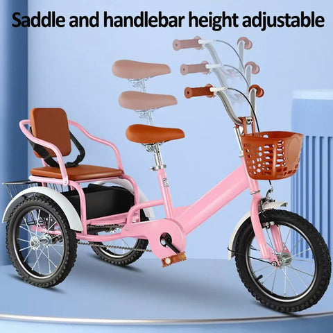 Outdoor Cruiser Tricycle With Pedals Three Wheel Trike, pink frame, pneumatic tires, cushioned tandem back seat with basket