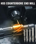 POWLAB 5pc HSS counterbore end mill set with straight shanks (M3–M8), 4-flute, shown with milling chuck in background.
