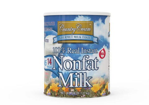 100 Percent Real Instant Nonfat Powdered Milk for Baking 2.8LB can with colorful label featuring flowers and clouds