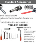 Standard accessories for Mini Benchtop Mill And Drill Press With Brushless Motor, including ER32 collets and various tools.